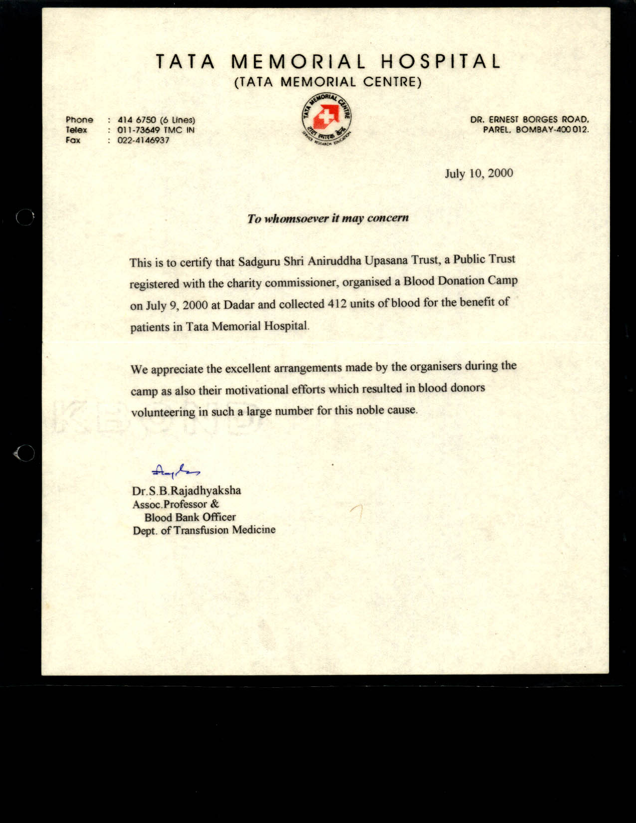 Appreciation-Letter from Tata Hospital 2000-for-Aniruddhafoundation-Compassion-Social-services