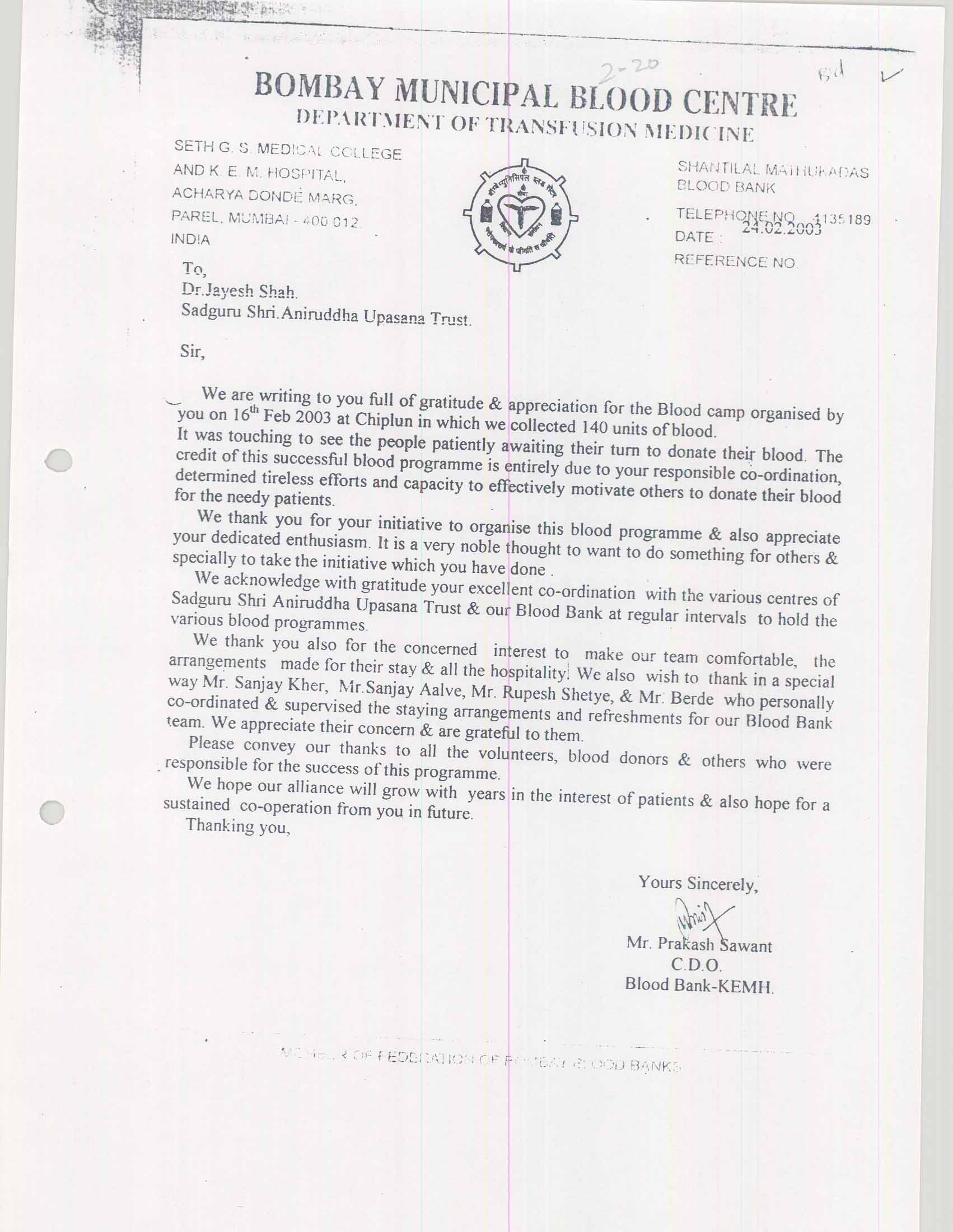 Appreciation-Letter from Bombay Blood Bank 2003-for-Aniruddhafoundation-Compassion-Social-services