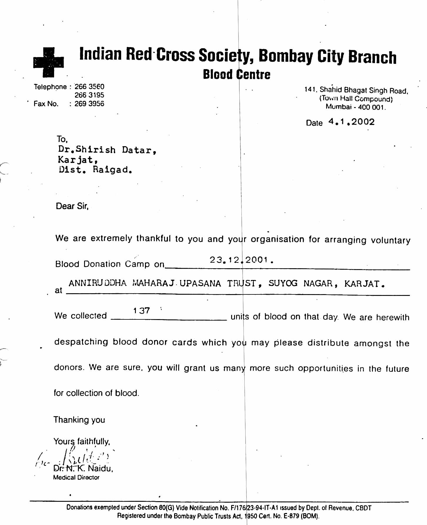 Appreciation-Letter from Indian Red Cross 2002-for-Aniruddhafoundation-Compassion-Social-services