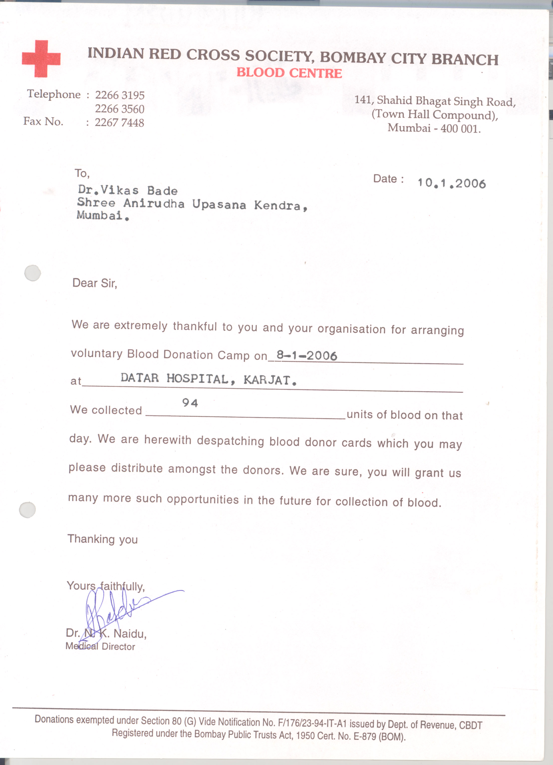 Appreciation-Letter from Indian Red Cross Soc 2006-for-Aniruddhafoundation-Compassion-Social-services
