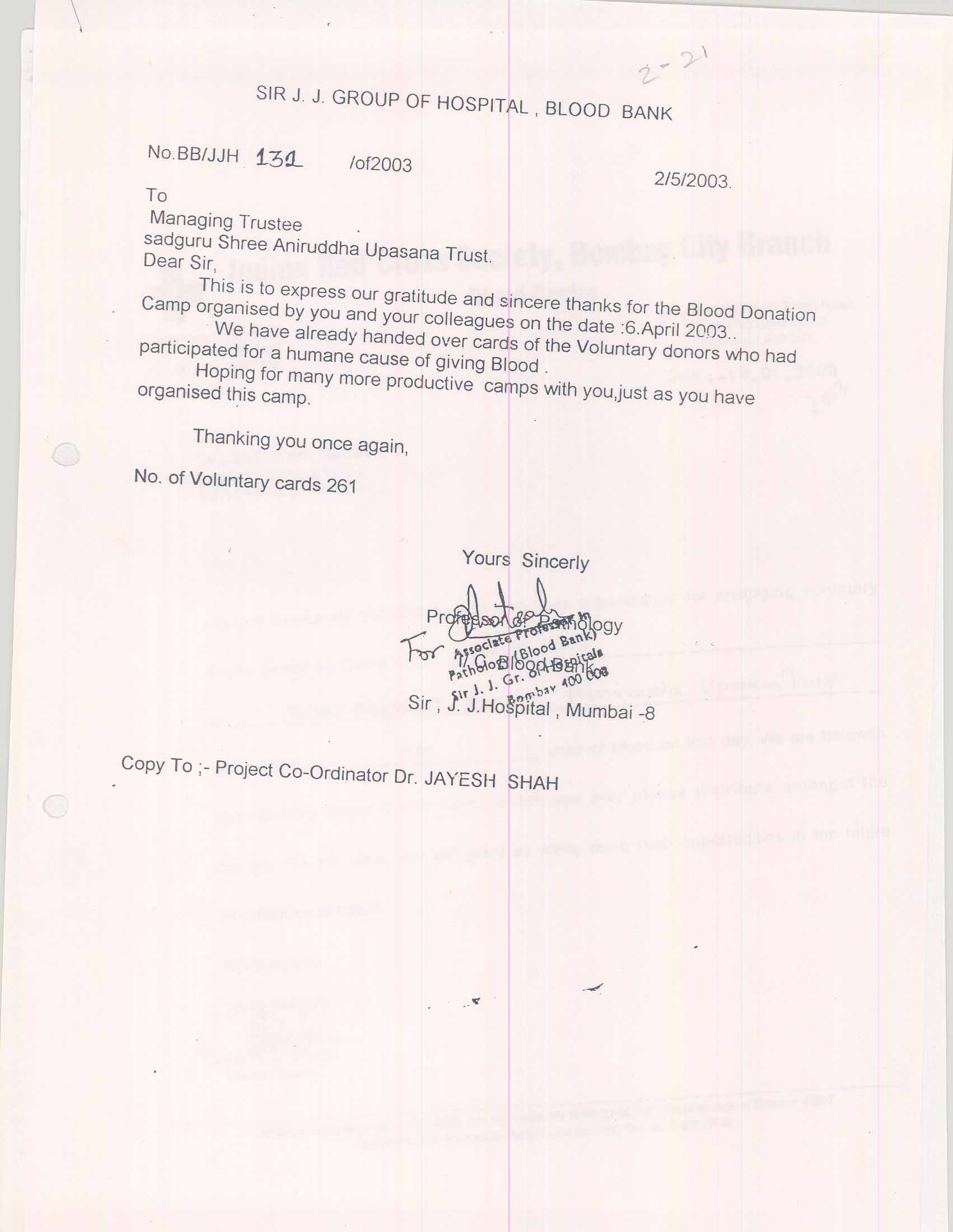 Appreciation-Letter from J J Hospital2 2003-for-Aniruddhafoundation-Compassion-Social-services