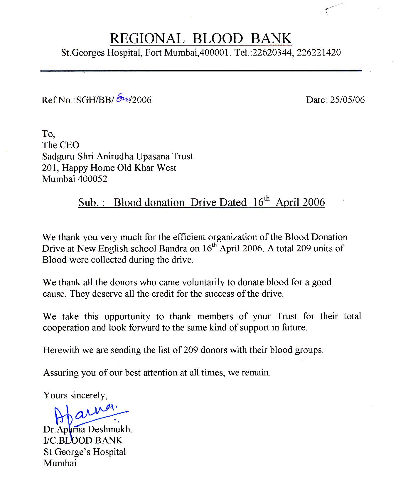 Appreciation-Letter from Regional Blood Bank 2006 -for-Aniruddhafoundation-Compassion-Social-services