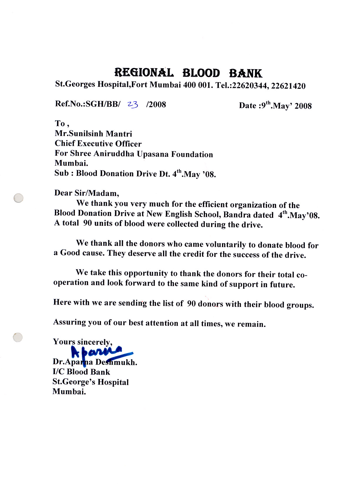 Appreciation-Letter from Regional Blood Bank 2008 -for-Aniruddhafoundation-Compassion-Social-services